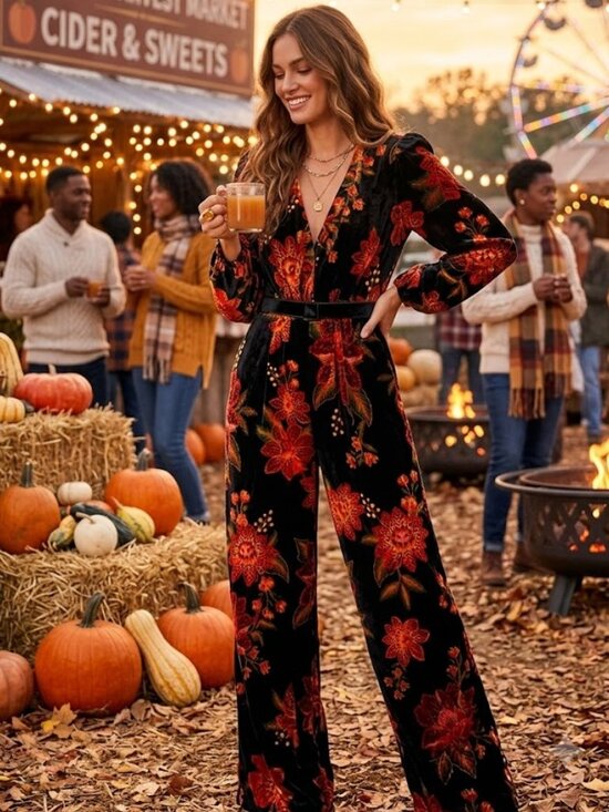 FARM Rio Pants - FARM Rio Black Winter Bloom V-Neck Velvet Jumpsuit